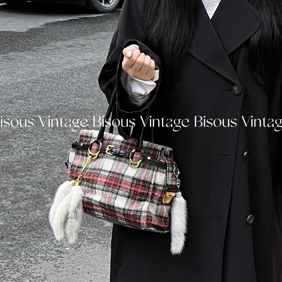 95新 MIU MIU/缪缪 miumiu 格纹 毛呢 手提包