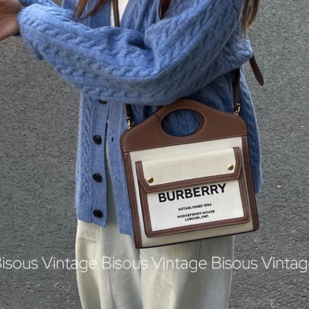 95新 BURBERRY/博柏利 Burberry 棕白拼色 帆布拼皮 手提斜挎包