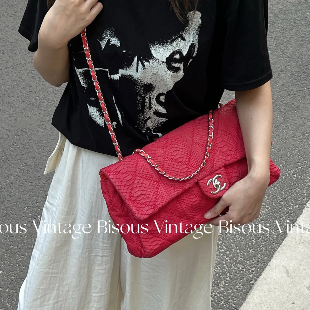 95新 Chanel/香奈儿 蛇皮 西瓜红 机场包 流浪包 斜挎包