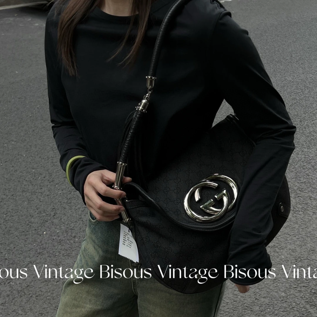 95新 GUCCI/GUCCI Gucci 黑色 大logo 流苏皮链条 单肩