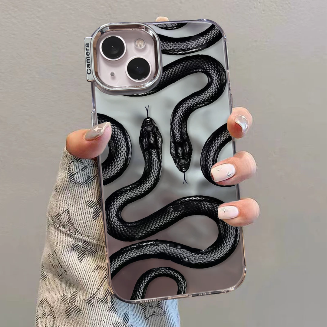 黑色蟒蛇iPhone15手机壳苹果13promax高级感电镀14/12/11全包防摔