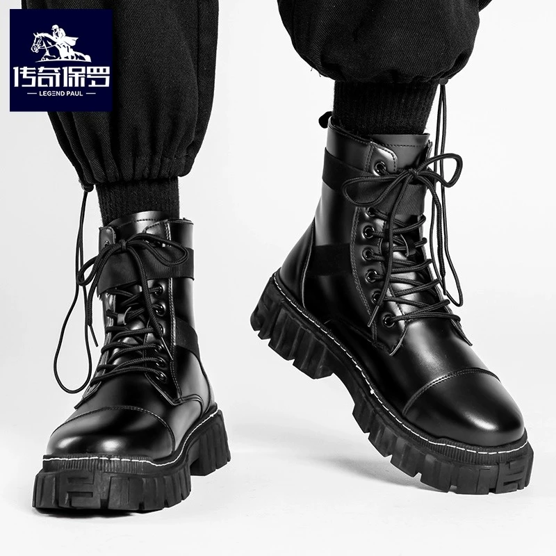 传奇保罗马丁靴男款冬季高帮英伦风复古男士中帮黑色皮鞋厚底皮靴