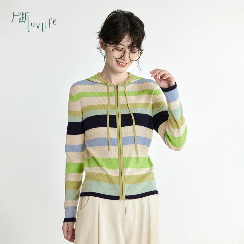 片断毛衣女2025春季新款拉链连帽慵懒风甜美减龄休闲针织开衫上衣