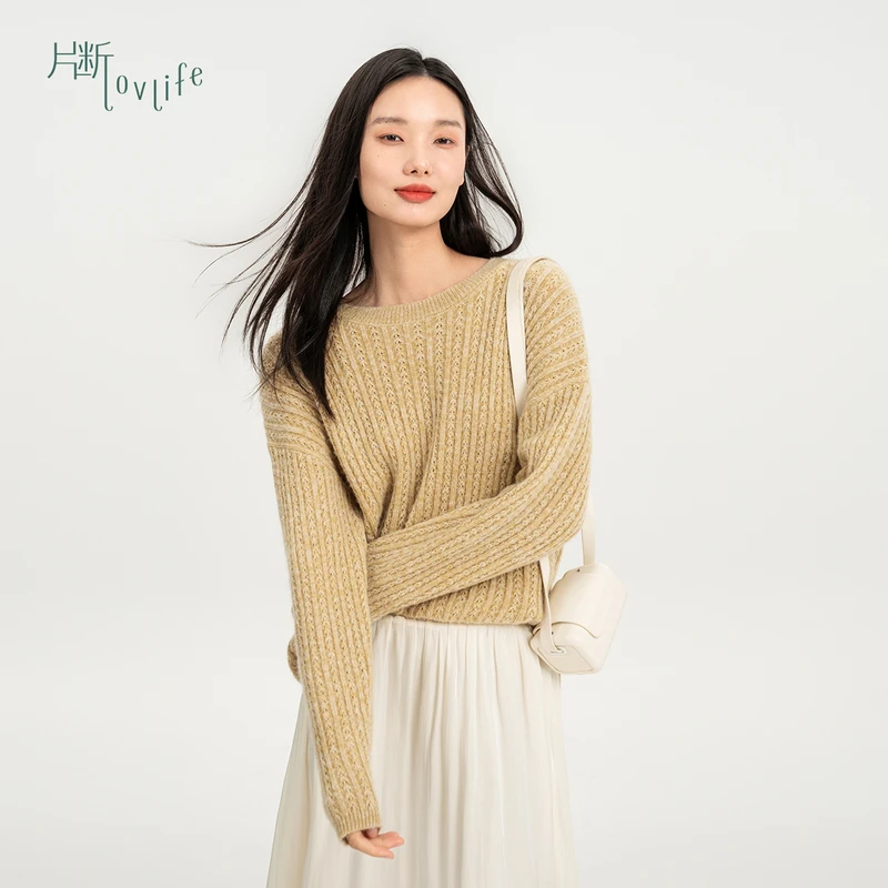 片断绿色毛针织衫女2025秋季新款圆领镂空肌理温柔慵懒软糯上衣