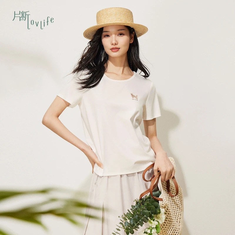 片断T恤女2025夏季新款刺绣简约圆领休闲减龄上衣5165