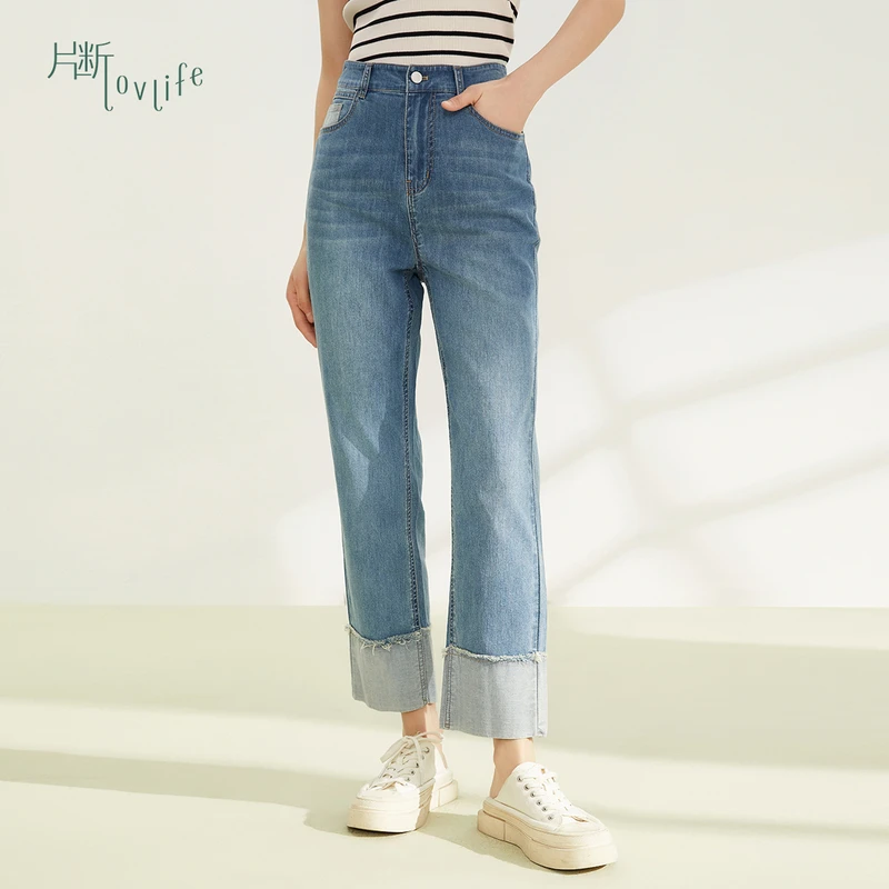片断牛仔裤女2025夏季新款高腰显瘦撞色翻边小众时尚九分紧身裤