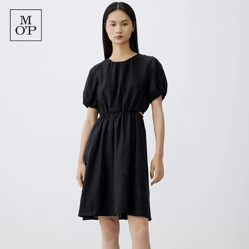 Marc O'Polo/MOP 透气亚麻女士圆领露腰宽松泡泡袖连衣裙日常穿搭