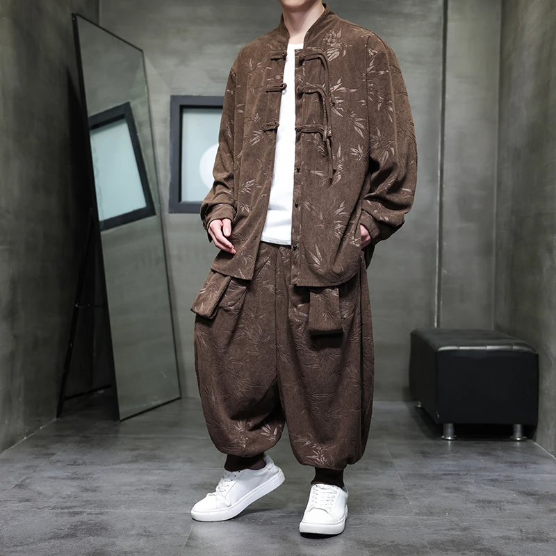 唐装汉服春秋季复古休闲立领盘扣衬衫束脚裤飞鼠裤中式国潮套装男