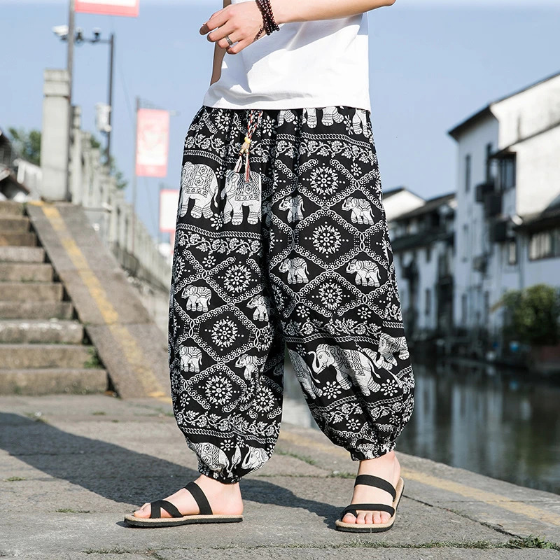 亚麻夏季男士胖子大码九分灯笼裤子宽松哈伦裤潮牌印花休闲阔腿裤