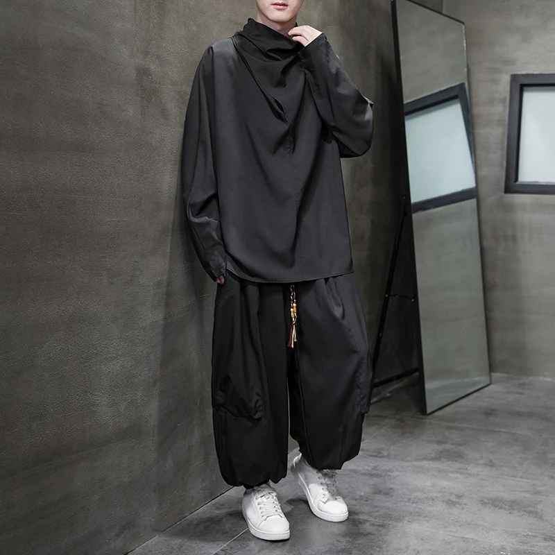 新中式t恤卫衣男士春秋季长袖复古宽松大码堆堆领青年国潮中国风