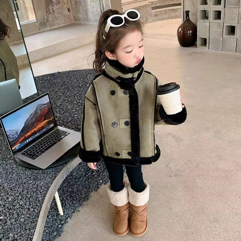 女宝外套秋冬韩国超酷机车款皮毛一体绒男女儿童防风保暖加绒衣潮