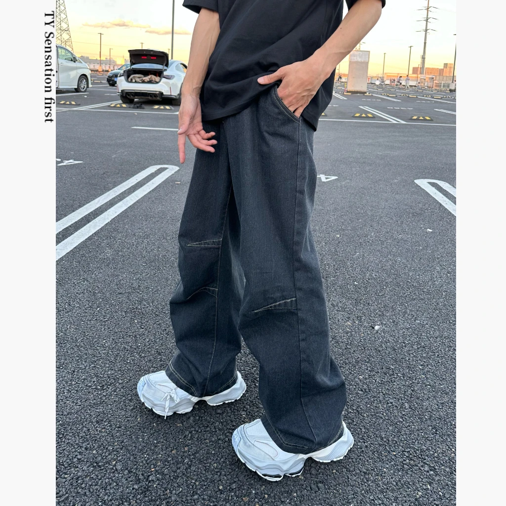 田野L  丹宁色休闲小众美式宽松设计弯刀牛仔裤