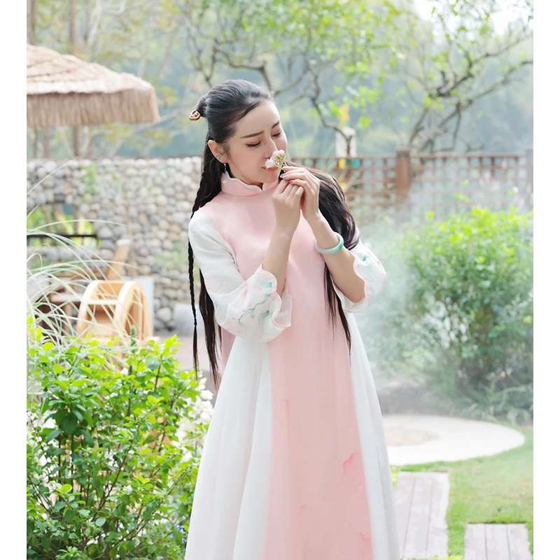 云谧【韵瑾】工笔手绘拼接连衣裙中国风仙气日常