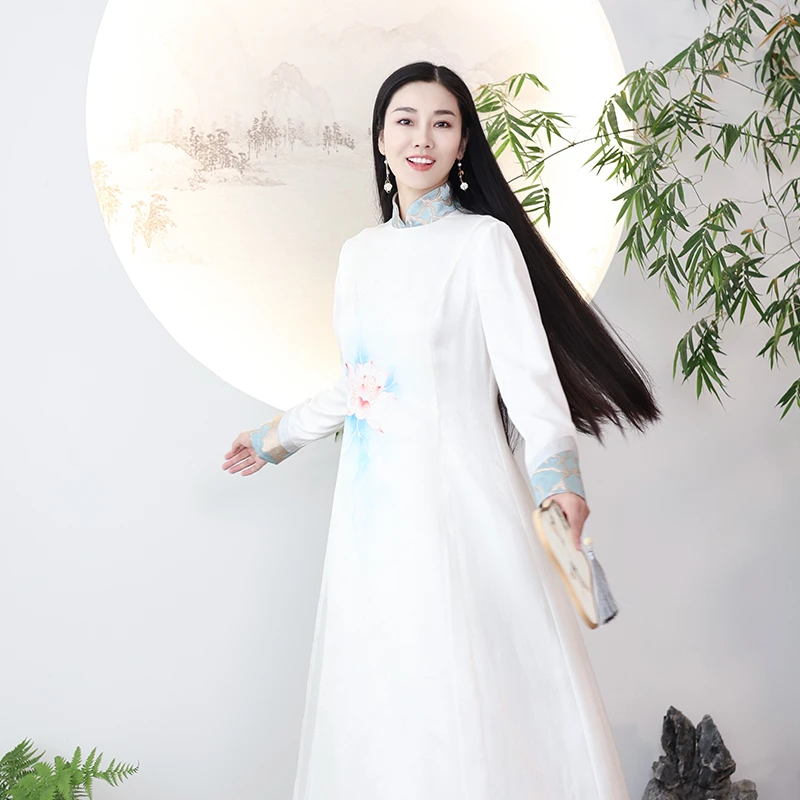 云谧特价【举安】工笔手绘荷花高开衩连衣裙中式长袖日常中国风