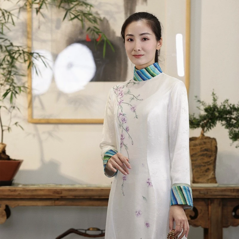 云谧【茉瑶】新中式中国风工笔手绘迎春花长袍