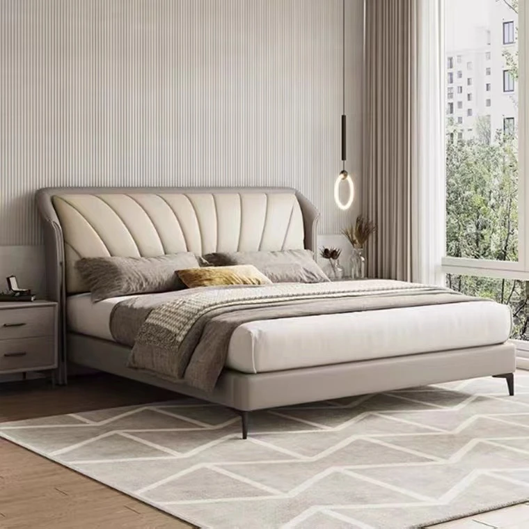 极简轻奢真皮床1.8米双人床主卧现代简约婚床小户型北欧软包床1.5