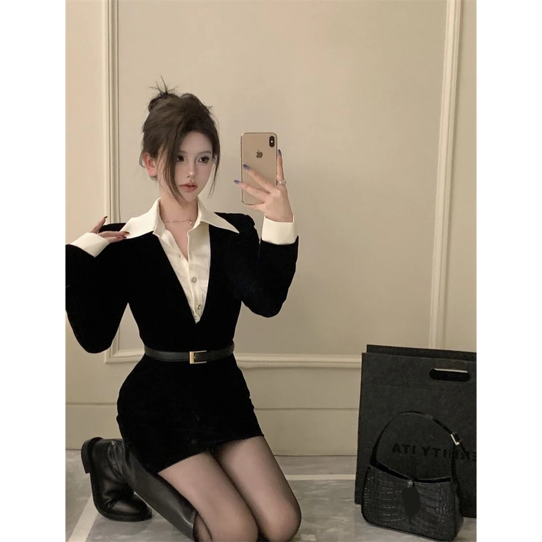 御姐风黑色收腰显瘦秋冬新款纯欲风短裙子辣妹包臀连衣裙假两件