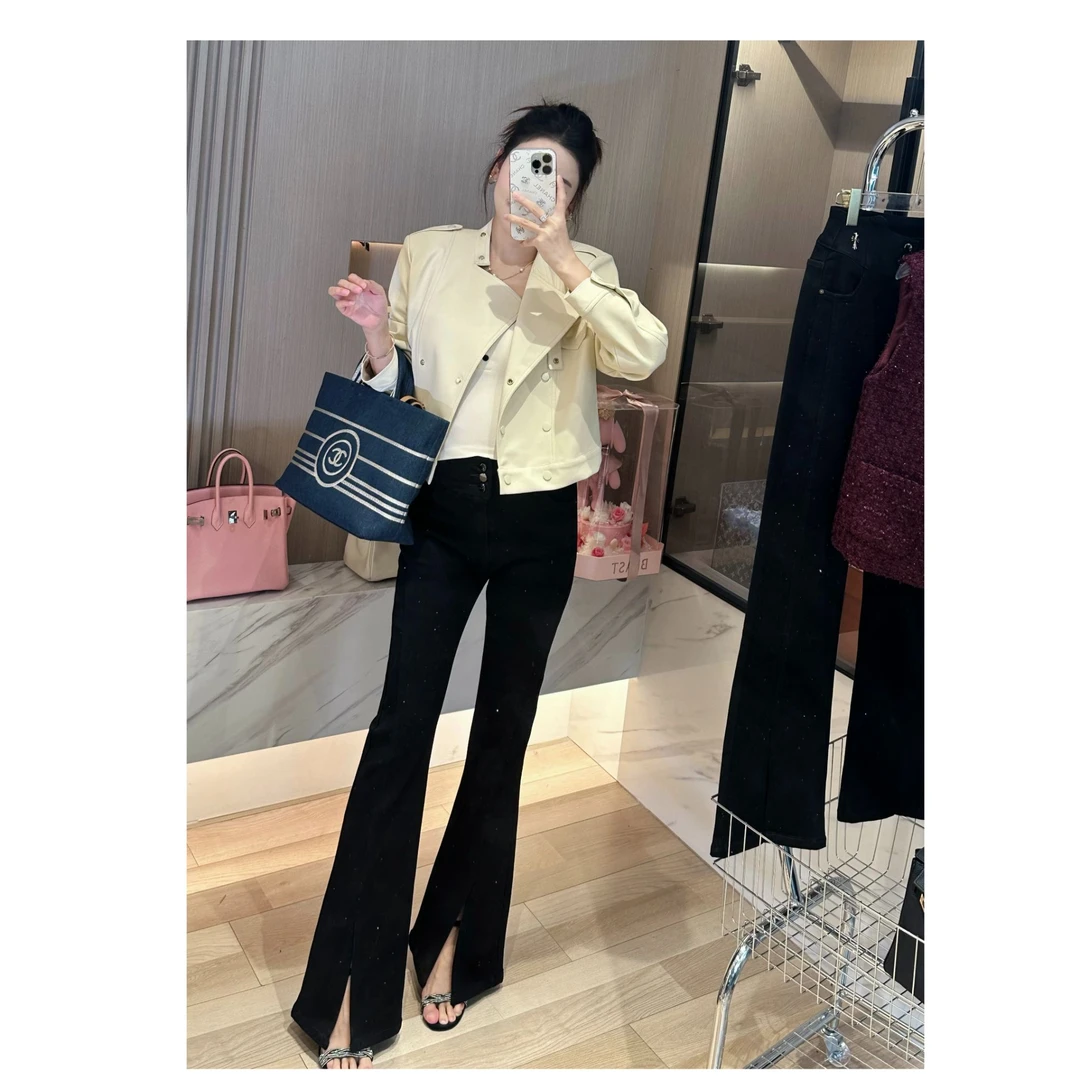 春秋微喇开叉显瘦时尚修身气质烫钻喇叭裤