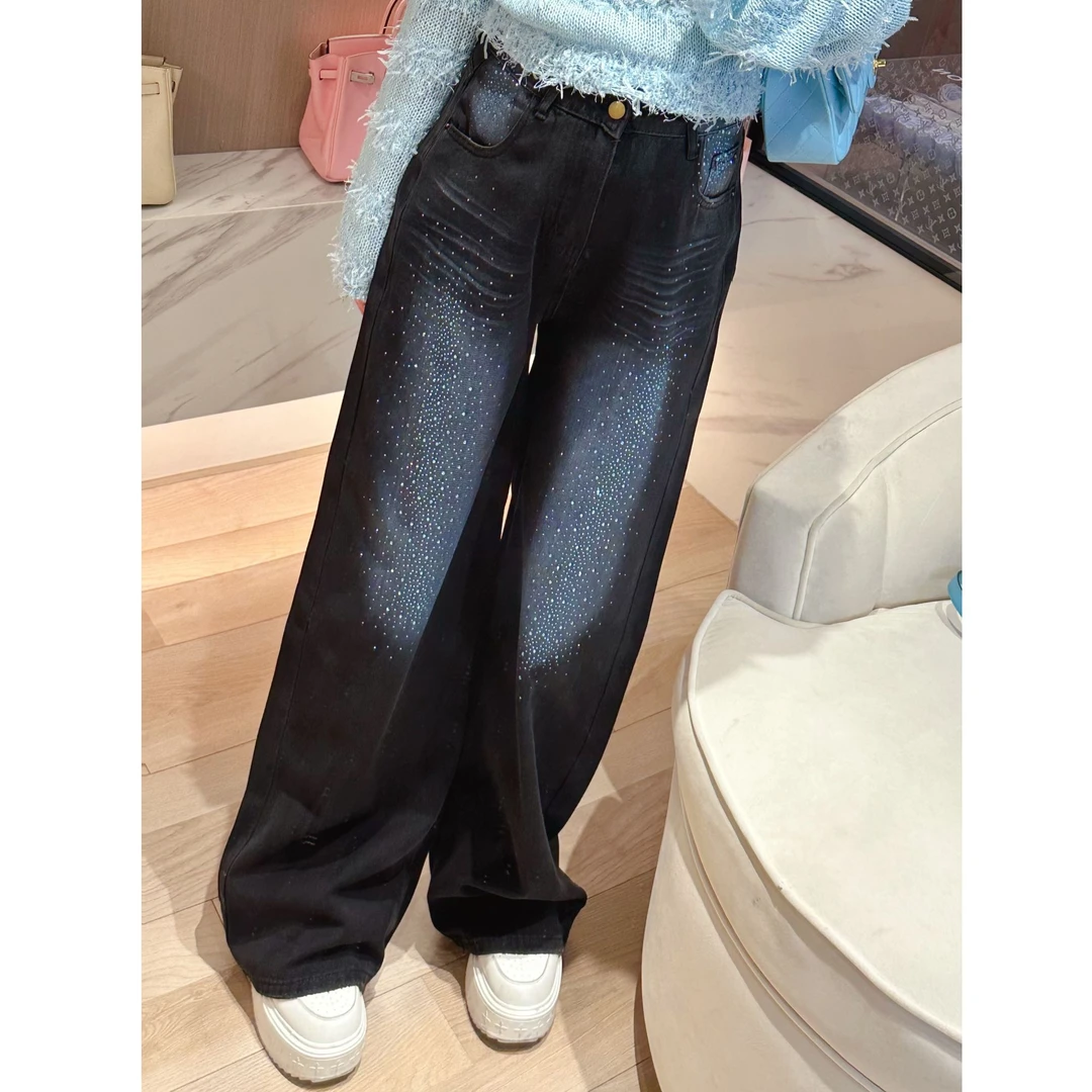 蓝色星空黑色闪钻百搭直筒牛仔裤