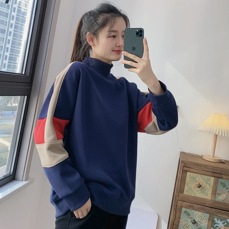 半高领卫衣加厚加绒女春秋冬长袖洋气休闲时尚百搭宽松拼接高端