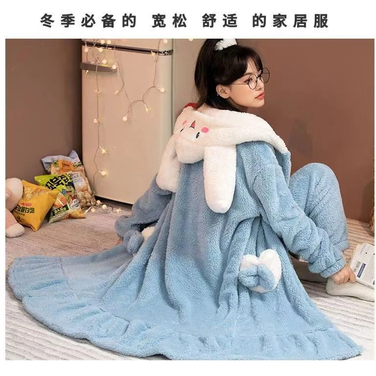 秋冬季可爱玉桂狗珊瑚绒卡通保暖长袖睡袍家居服冬天长款加厚套装