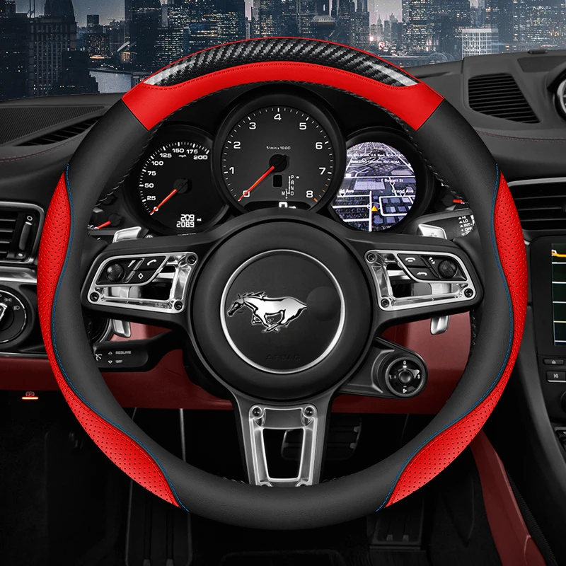 74【野.马】福特汽车方向盘套专车专用碳纤真皮保护套MUSTANG福特