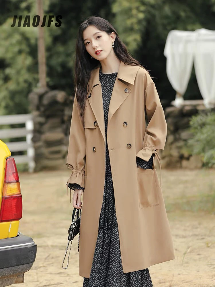 B3-41黄色褶皱袖口英伦风风衣外套洋气中长款