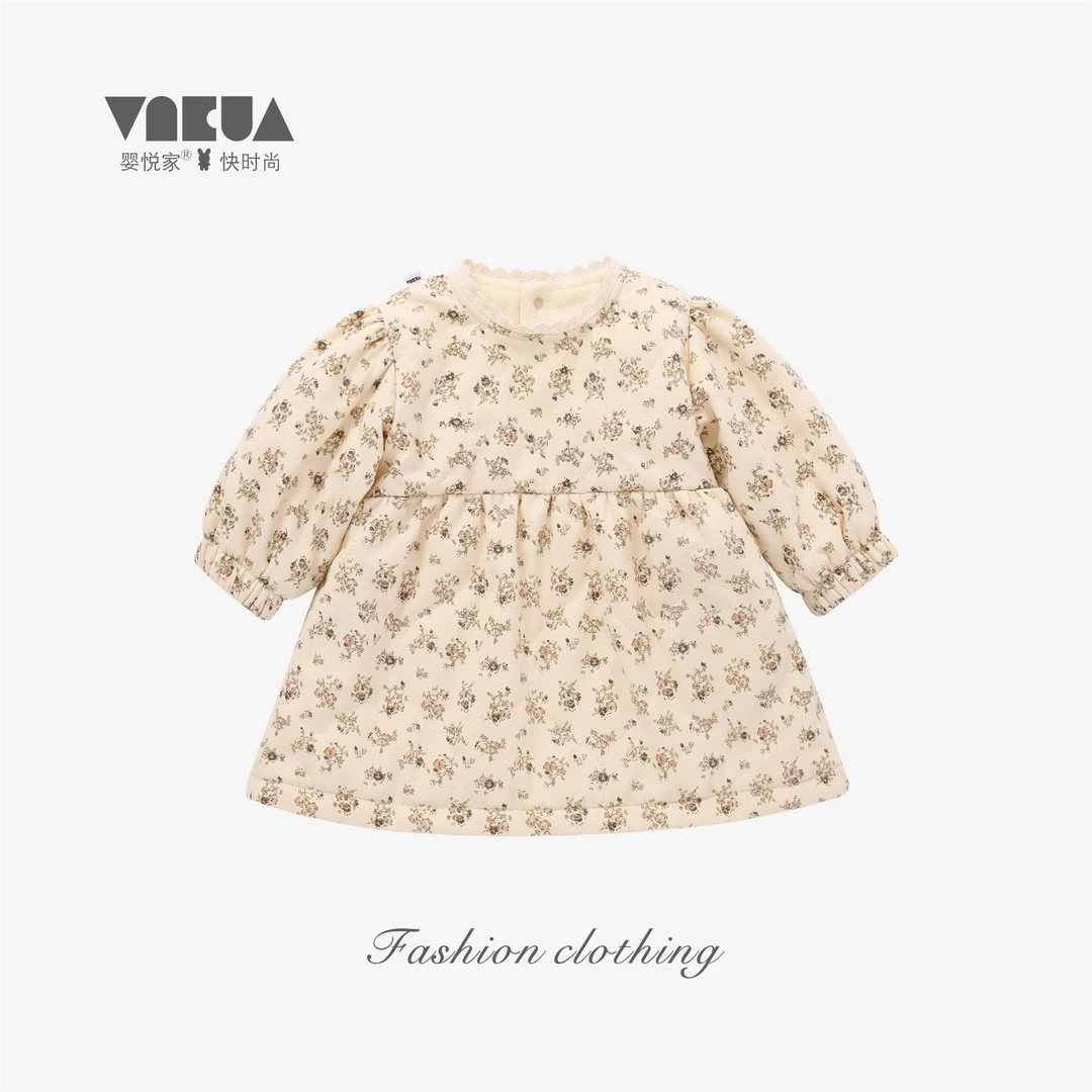 婴悦家冬款女宝洋气时尚女童韩系碎花澳粒绒里布连衣裙88083