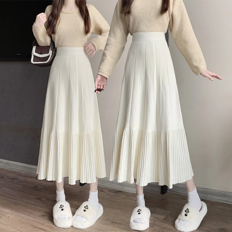 【冲量价】2025秋冬新款复古针织半身裙女A字中长款压褶高腰毛线裙