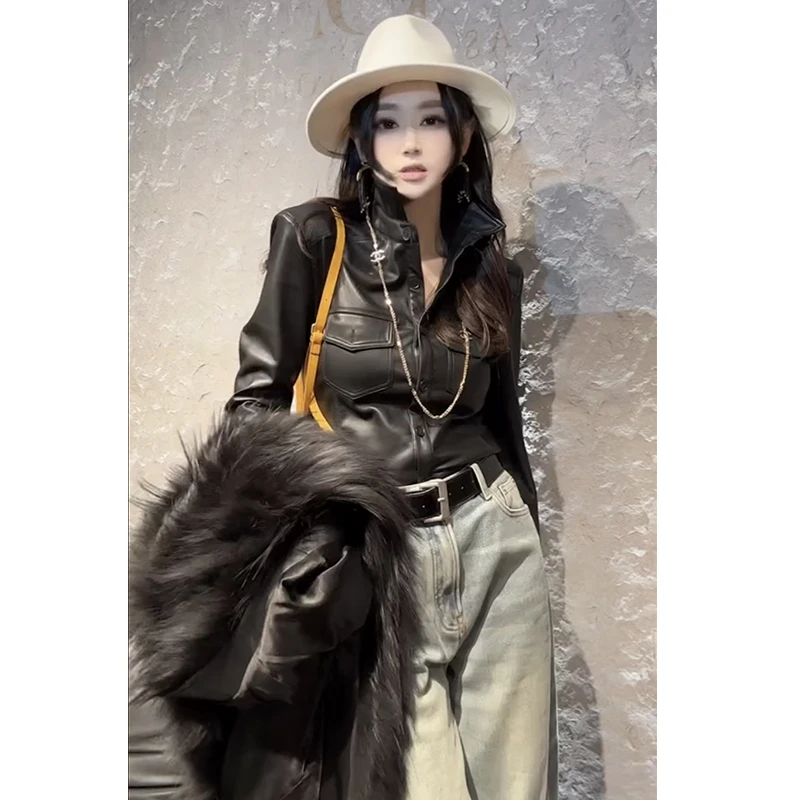 欧货翻领高级感蛋白皮衬衫女2025秋季新款复古气质口袋设计感上衣