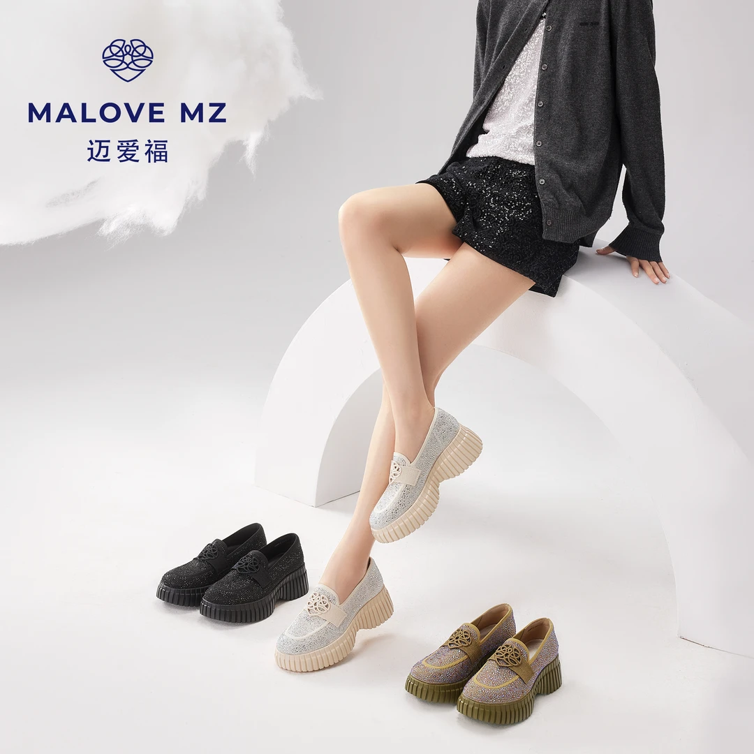 MALOVEMZ时尚亮钻松糕厚底乐福鞋2025年夏季新款透气百搭女鞋单鞋