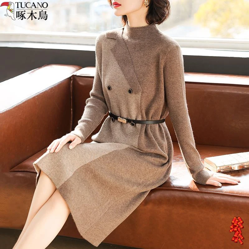 啄木鸟妈妈冬装洋派针织洋装中年女装半高领打底毛衣裙中老年收腰