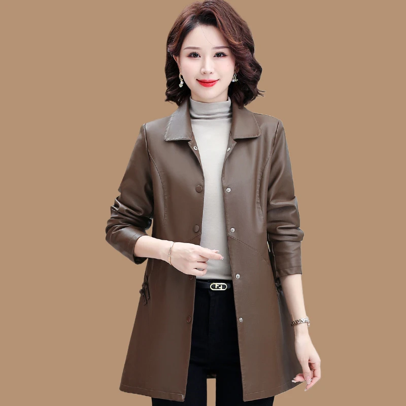 妈妈装春秋皮衣中长款外套40岁50PU皮衣中老年女士气质皮夹