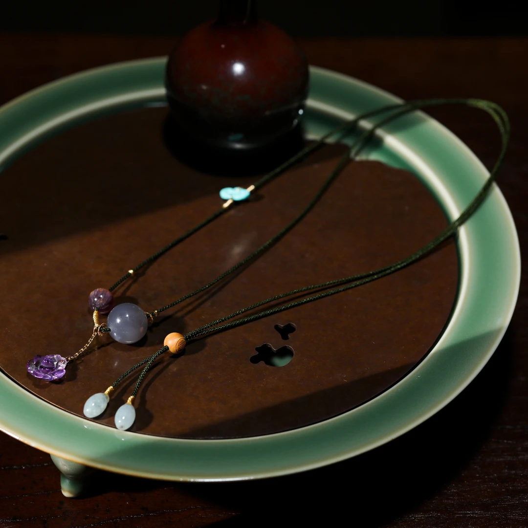 【意婵】烟雨|精品天然和田玉烟紫项链18K金水晶绿松配件-905533