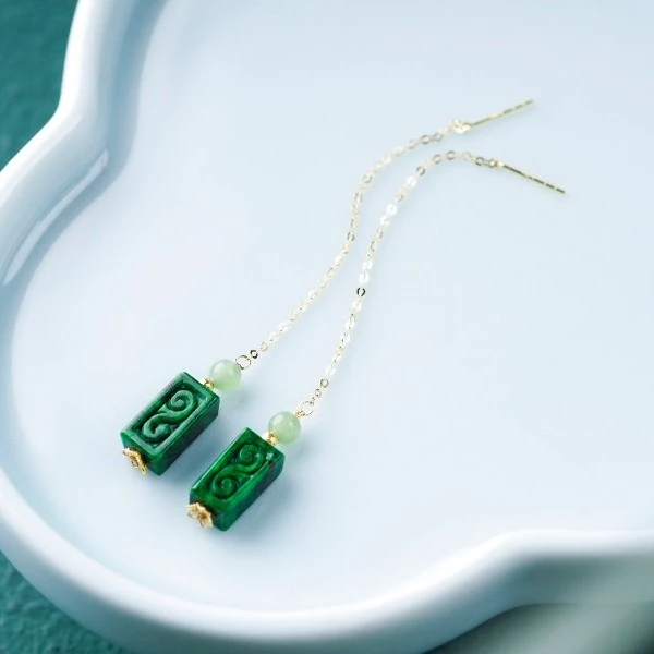 【意婵】清幽｜精品天然翡翠精雕耳饰耳线18k金和田玉配件-902128