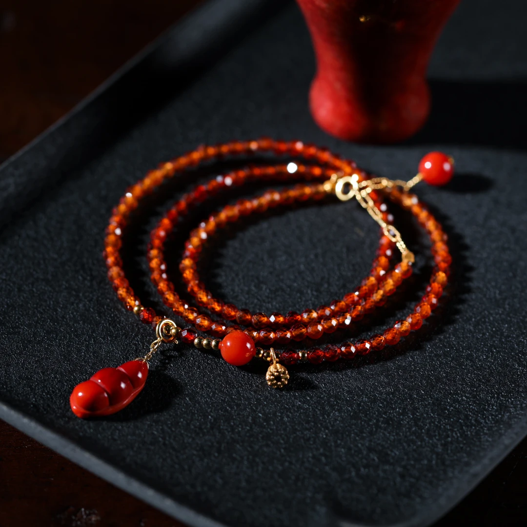 【意婵】橘芷|精品天然切面石榴石多圈18K金南红福豆配件-904912