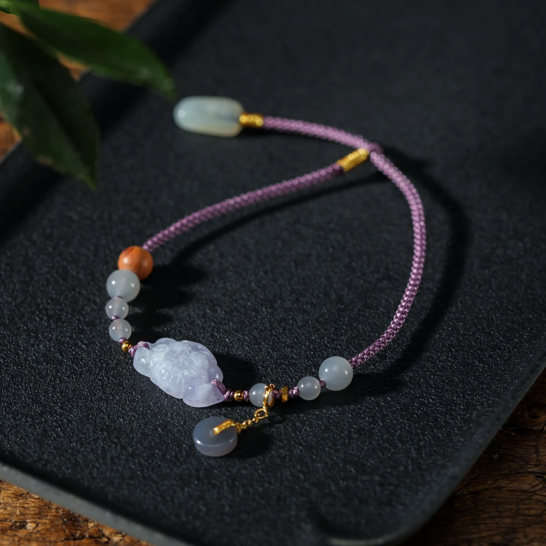 【意婵】烟雨莲|天然高品翡翠精雕花手绳18K金和田玉配件-904821