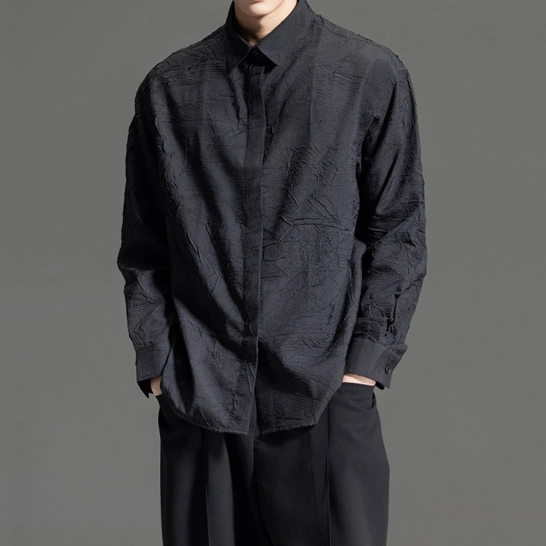 树叶肌理黑白色长袖衬衫男春秋季高级感设计小众休闲男士痞帅衬衣