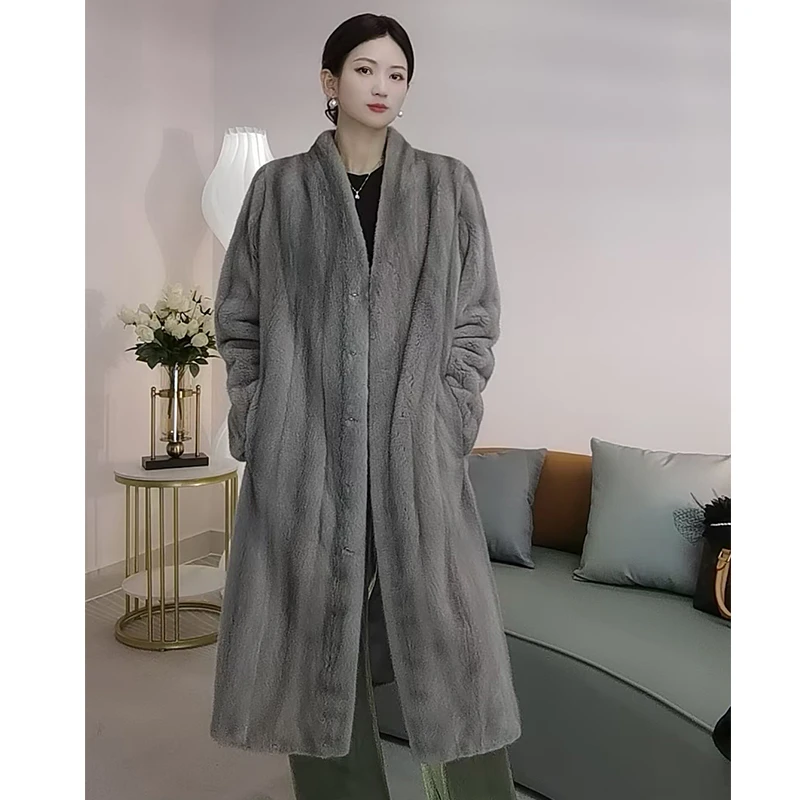 名媛风貂皮大衣时尚V领全抽皮草女长款2024新款年轻款水貂外套