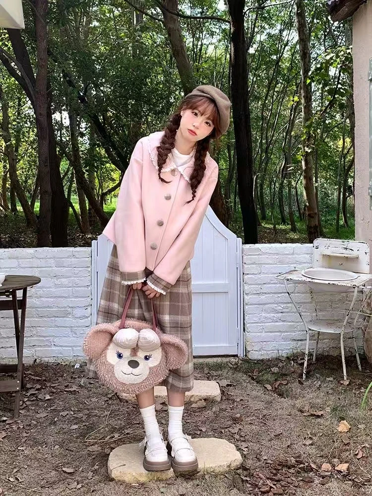 温柔甜美娃娃格子毛呢外套格纹半身裙上衣两件套套装9770