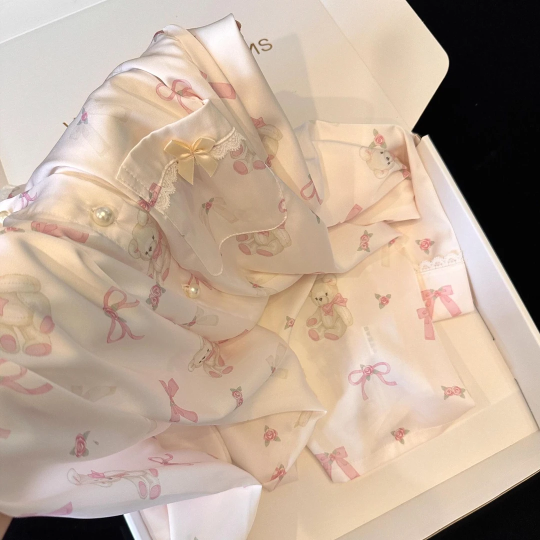 甜粉少女卡通小熊印花凉感冰丝睡衣女夏季2024新款大码家居服套装