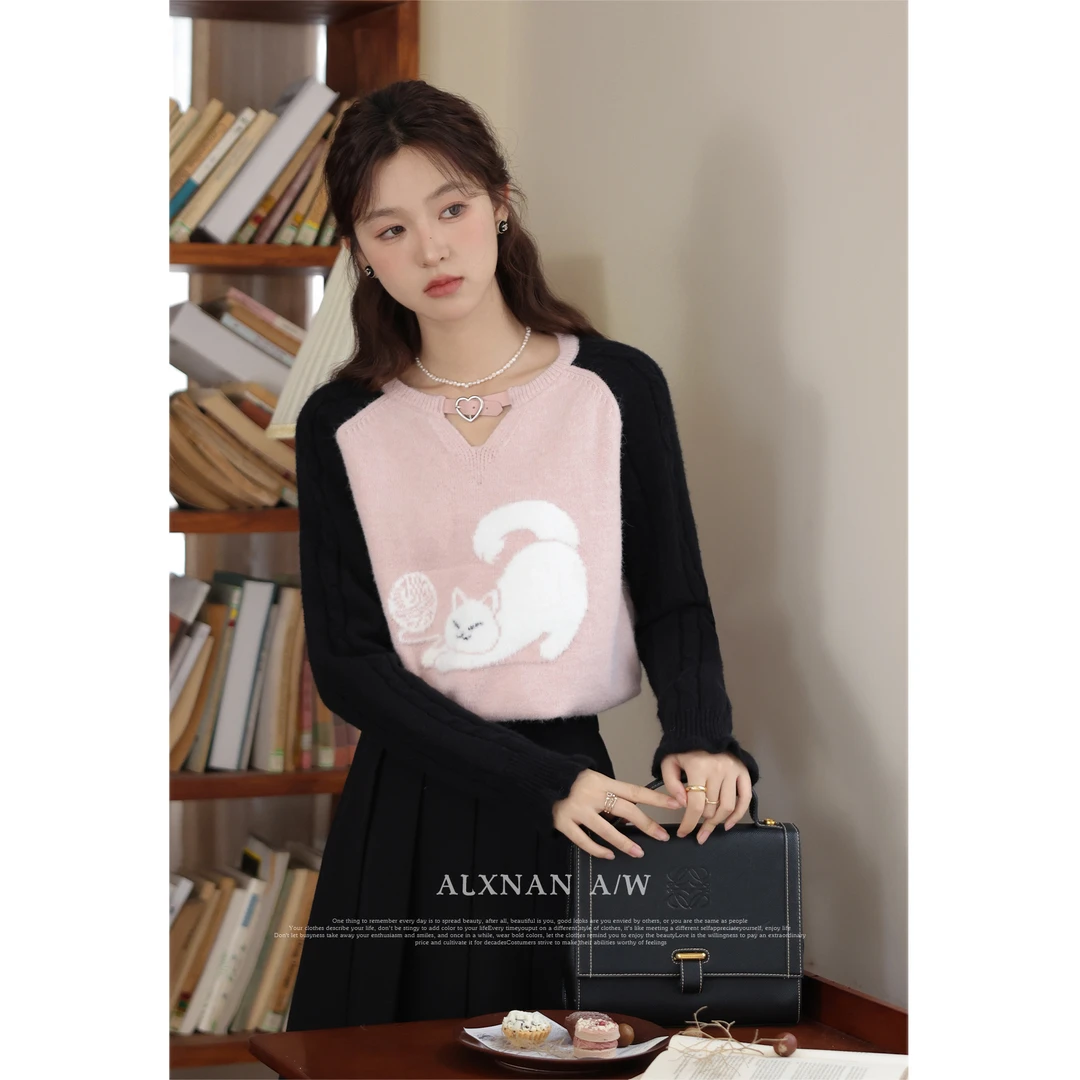 鹿向南《草莓泡泡》甜美风撞色毛衣秋冬高级感超好看上衣女LXN32732