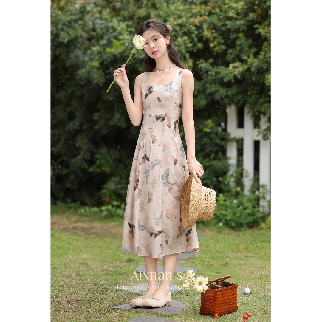 鹿向南【鹿小诗】-清《涅普蒂斯》气质法式新款长裙吊带连衣裙L35010