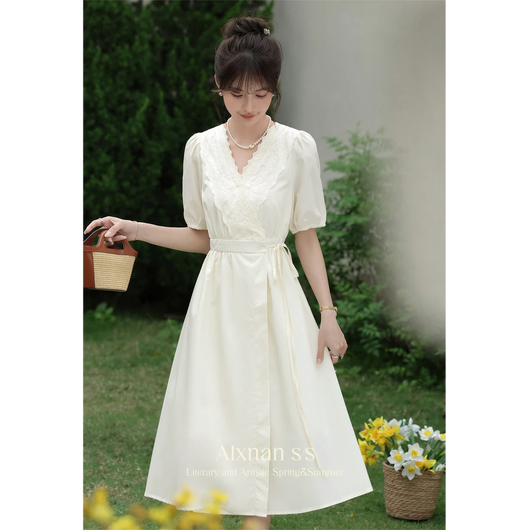 鹿向南「粉丝福利」法式温柔V领连衣裙女夏季显瘦裙子L36115