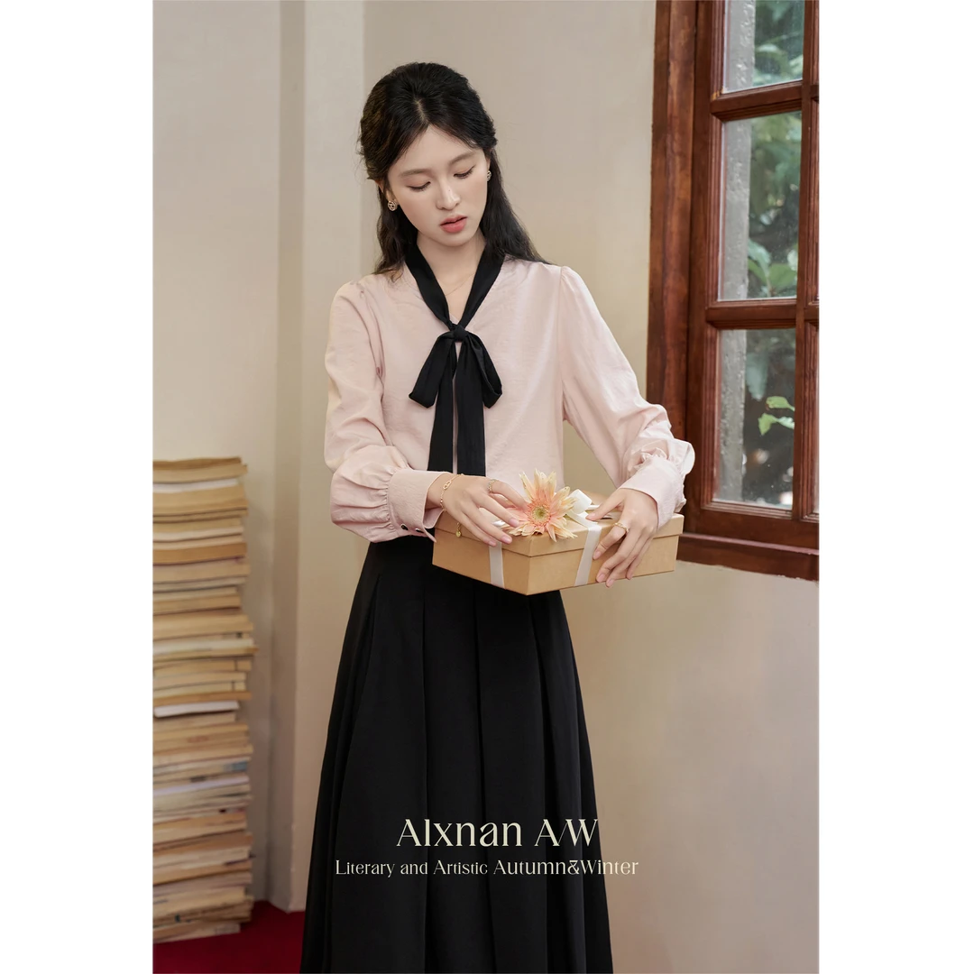 Q鹿向南「蔓蔓甜茶」法式气质长袖衬衫时尚通勤衬衣L50012