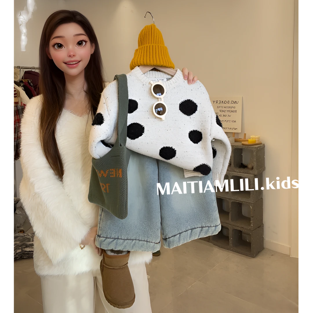 2024秋冬新款童装男女童加厚毛衣儿童大圆点双面织圆领套头毛衣