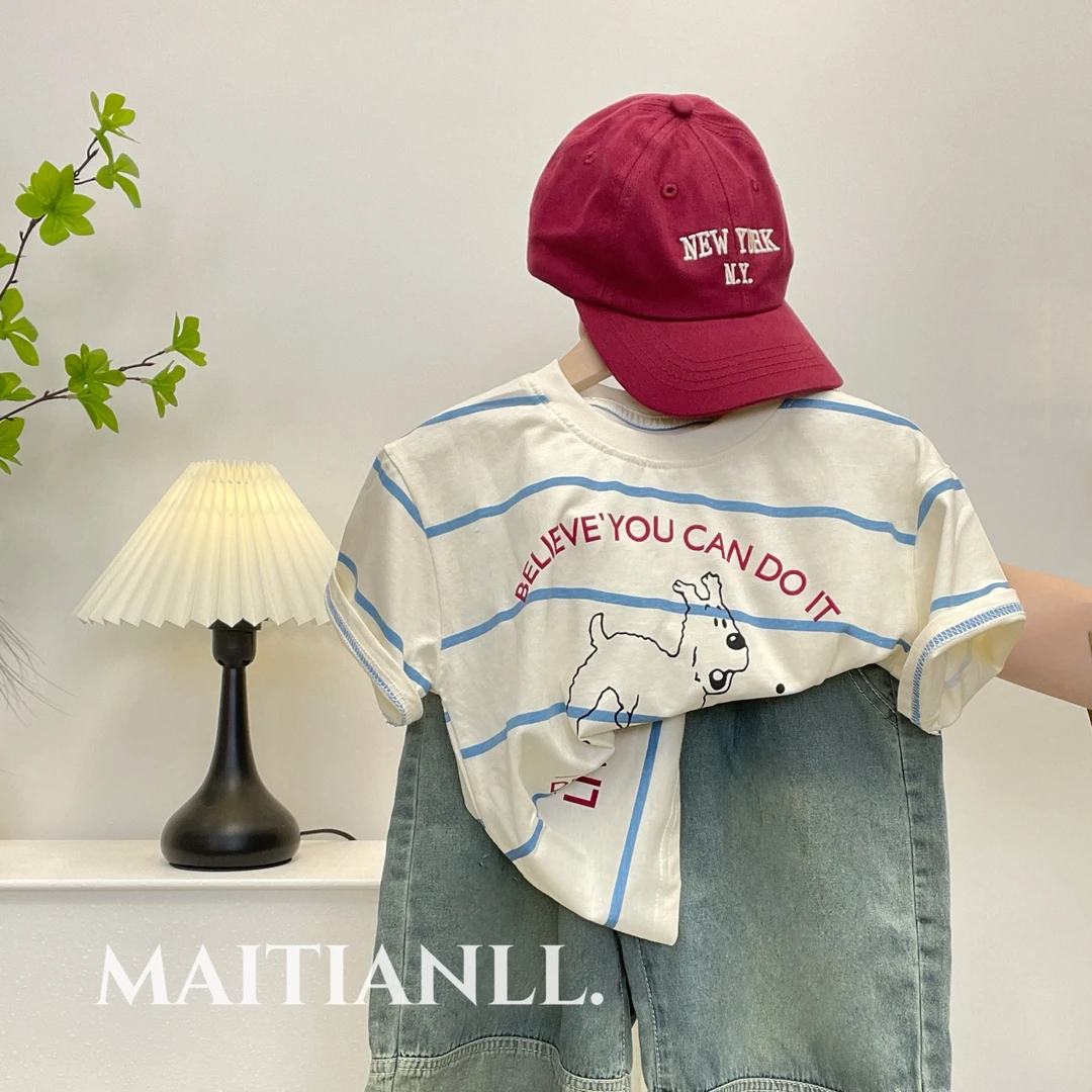 2024夏那女童可爱字母小狗条纹T恤儿童宝宝棉质透气上衣