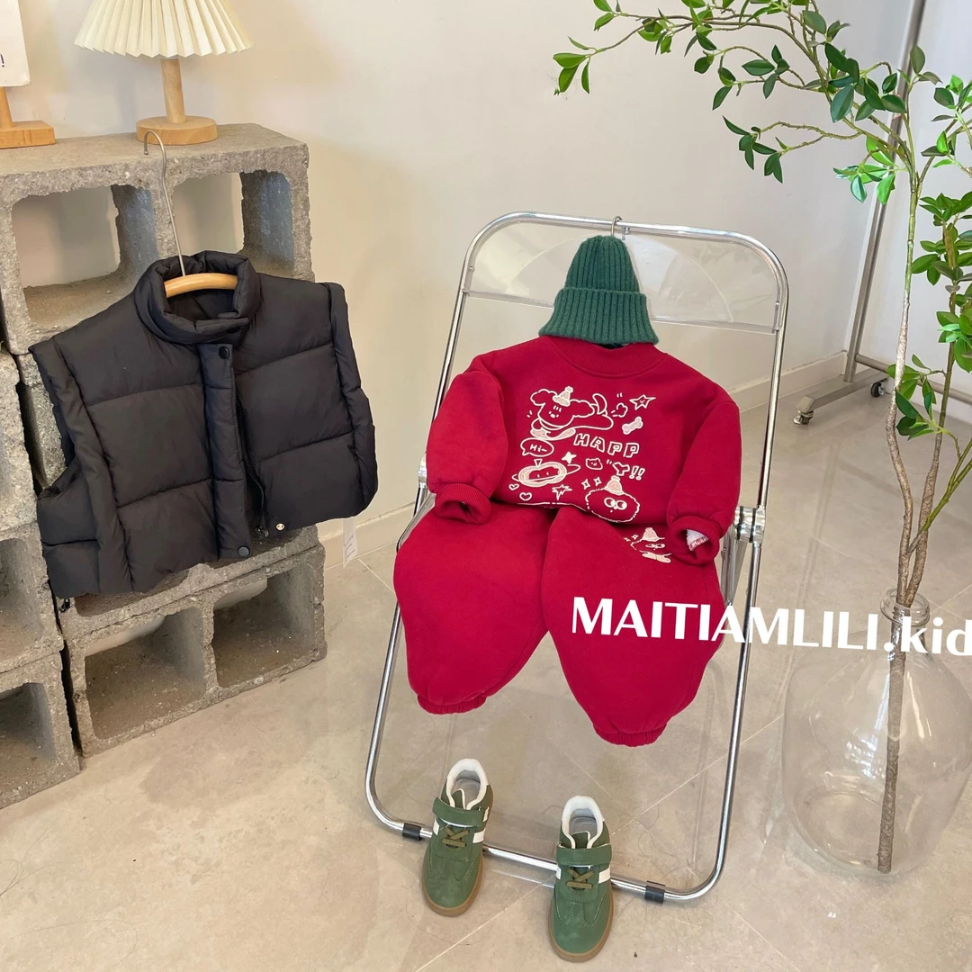 2024冬新款童装儿童洋气年服卫衣休闲裤加绒两件套儿童过年红套装