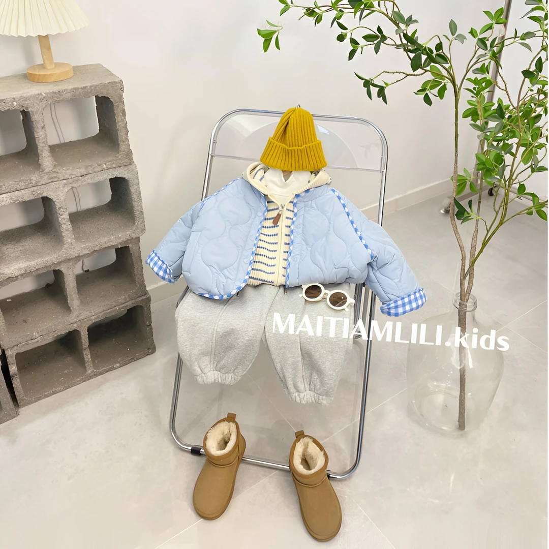 2024秋冬新款童装儿童双面穿格子棉服外套男女童轻薄夹棉外套上衣