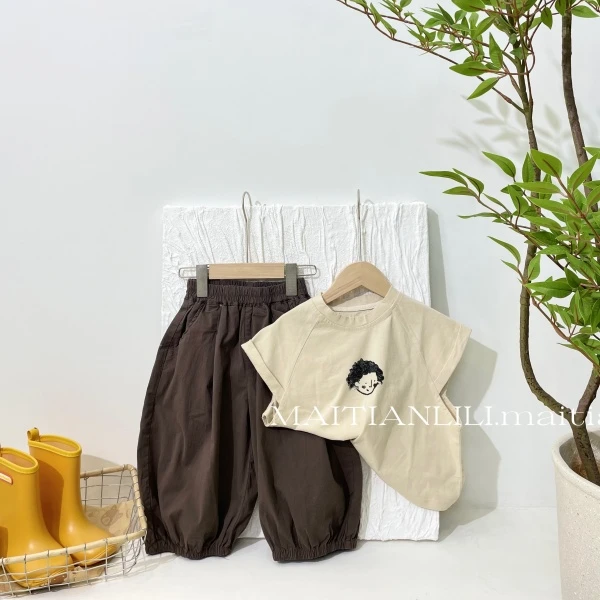 2024夏新款童装短袖t男女童森系设计感T恤落肩袖短袖上衣